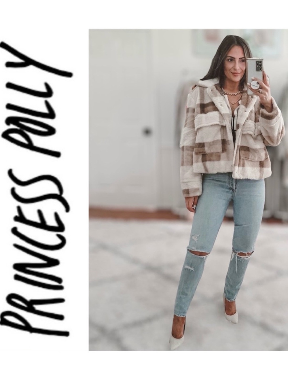 like new! princess polly neutral tan checkered soft teddy jacket medium / large